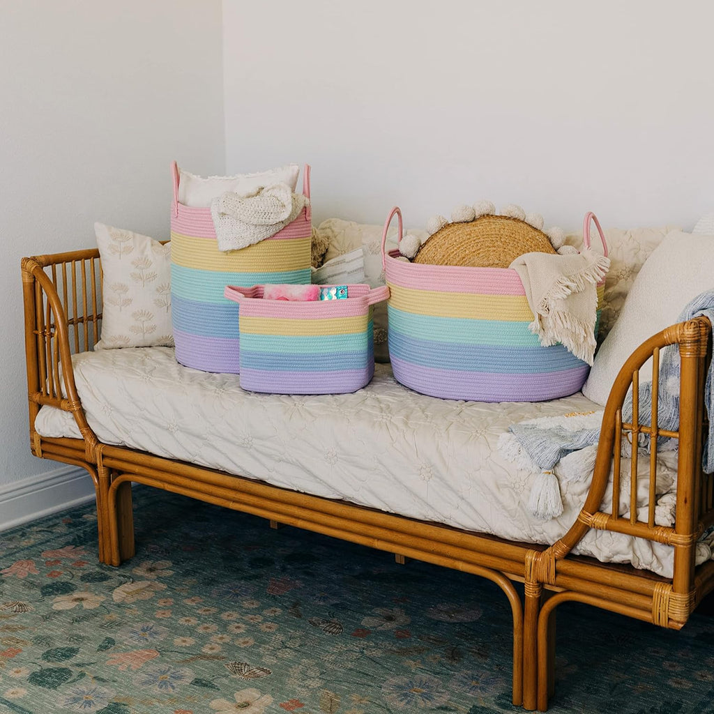 OrganiHaus Rainbow Blanket Basket - Extra Large Woven Toy Organizer & Storage Bin | 20"x13" Soft Round Design