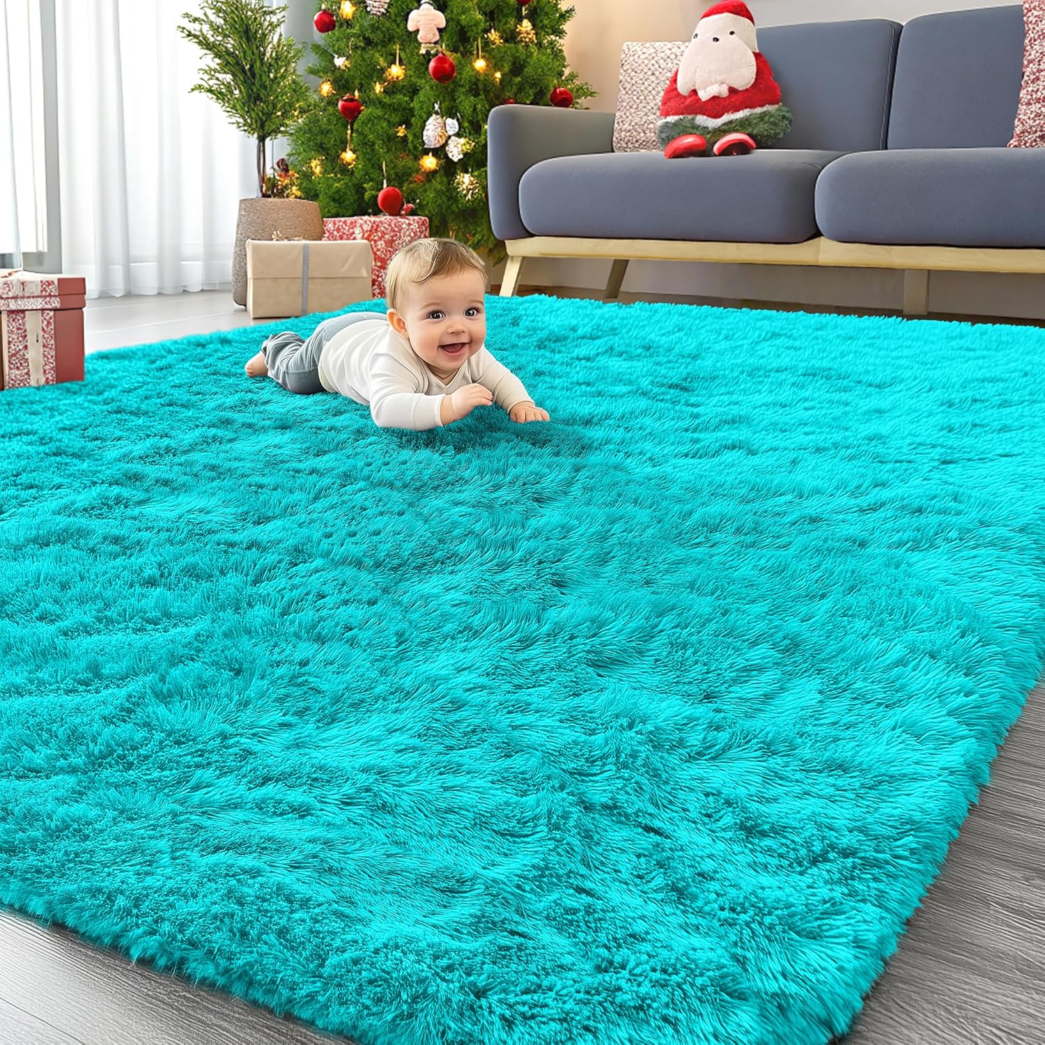 OLANLY Large Area Rug - Soft Fluffy Shaggy Indoor Carpet for Living Room & Bedroom | Teal Blue 6x9