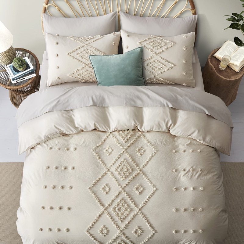 Oli Anderson Tufted Duvet Cover King Size, Soft and Lightweight Duvet Covers Set for All Seasons, 3 Pieces Boho Embroidery Shabby Chic Bedding Set (Beige, King, 104" x 90")