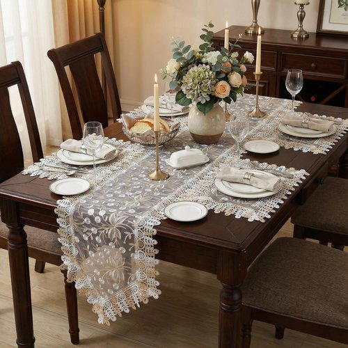 Lace Table Runner Floral Embroidery Fabric Rustic Table Runners Elegant Chic Table Transparent Cover for Home Dining Room Tabletop Decor Wedding Party Dresser (Champagne&White, 16 x 87 Inch)