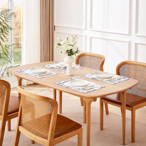 QIYI Boho Placemats Set of 4, 12x18 Inch Linen Fabric Place Mats for Kitchen Dinning, Farmhouse Rustic Floral Cloth Table Mats, Washable Placemat Botanical Party Table Décor, Blue Garden