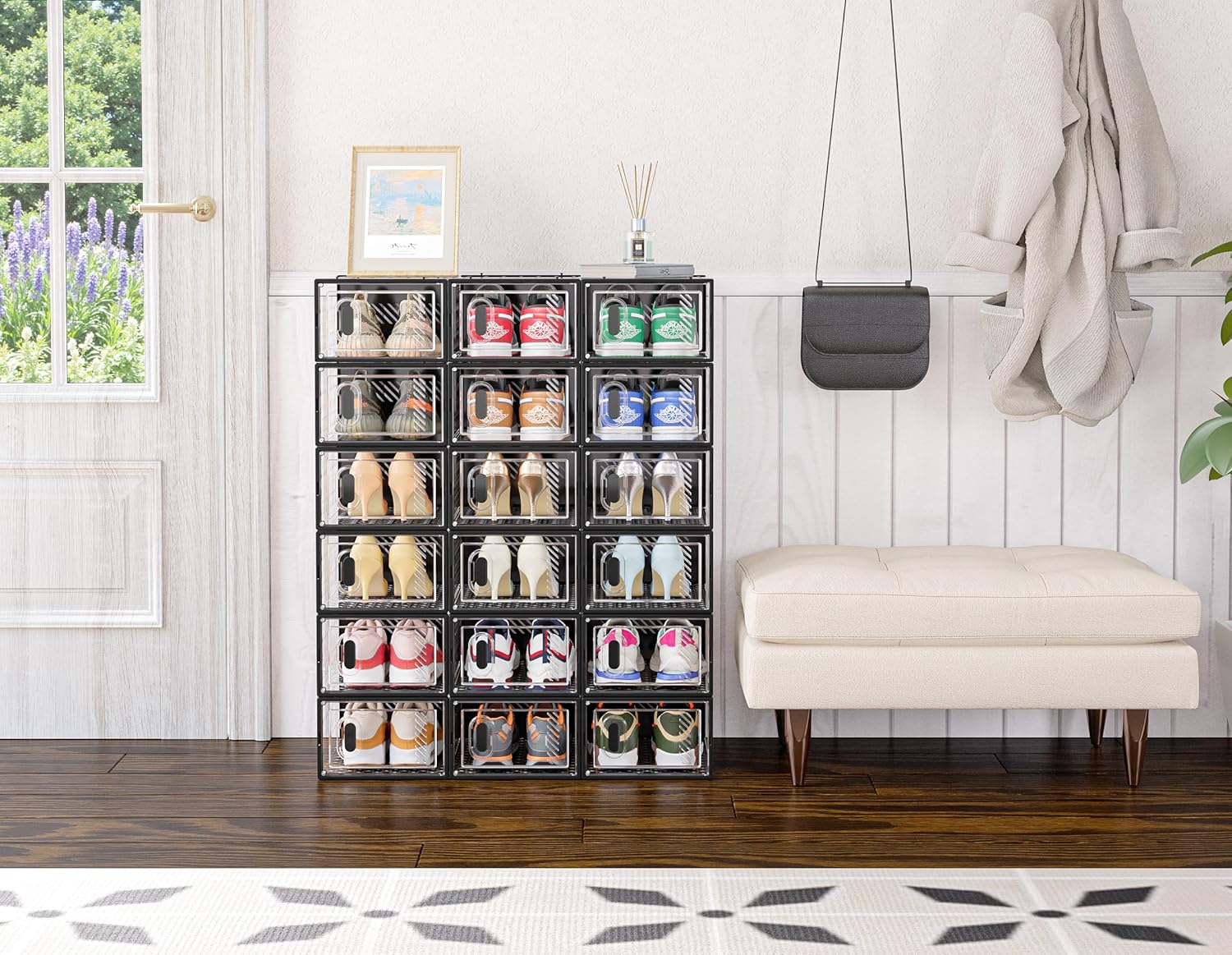 SIMPDIY Shoe Organizer - 12 Pack Clear Plastic Stackable Shoe Storage Containers | Size 10, Black