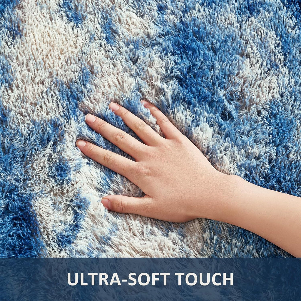 Ophanie Area Rug - Fluffy Blue, White & Grey Shag Carpet for Living Room | 6x9 Soft Plush Design