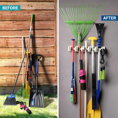 HOME IT Mop And Broom Holder Wall Mount - 5 Slots & 6 Hooks Garden Tool Organizer - Off-White