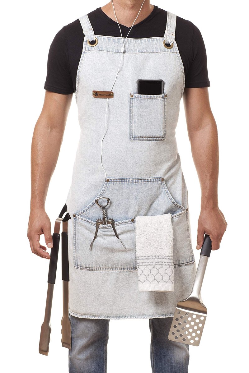 ARAWAK BRAVE Denim Apron for Chef Kitchen BBQ Grill Blue Towel Loop + Quick Release Buckle + Tool Pockets Adjustable M to XXL