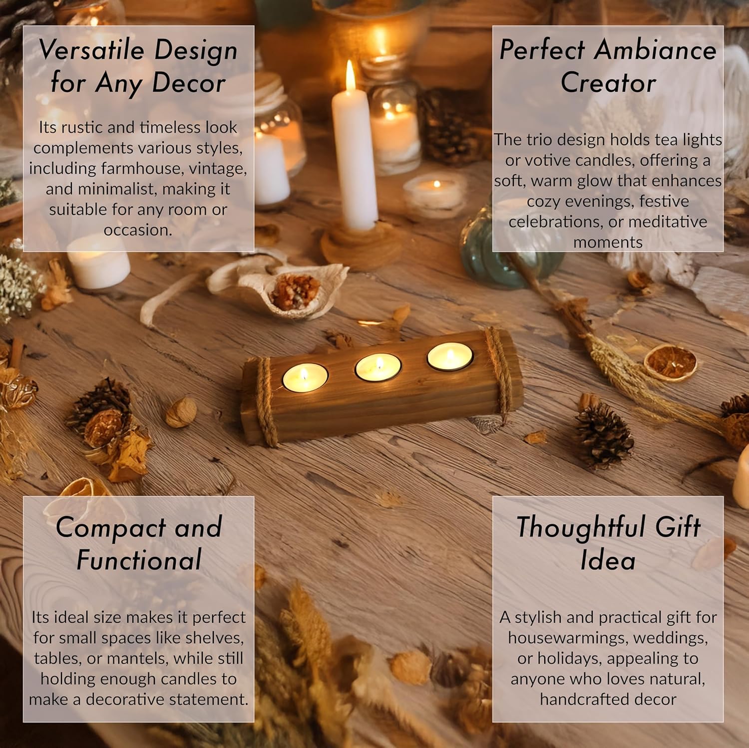 Rustic Wooden Tealight Candle Holder - Farmhouse Table Decor - 3 Tea Light Tray in Brown