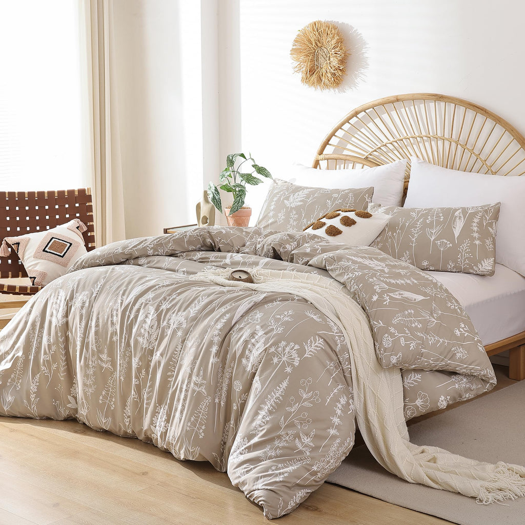 JANZAA Duvet Cover King Oatmeal Boho Duvet Cover with White Floral Patterns Botanical Bedding Soft Microfiber Bed Cover with Zipper Closure 4 Ties (2 Pillow Cases)