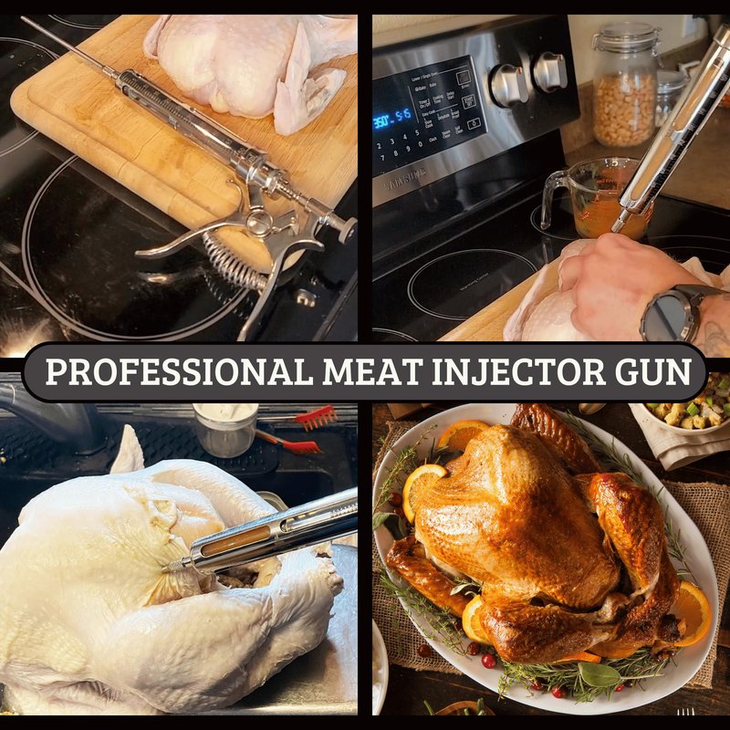 Professional Meat Injector Marinade Gun Kit for Smoking & Grilling Tender Brisket, Turkey, BBQ - Large 2 Oz Capacity with Metal Protective Case - No Leaks, Clogs or Mess + Meat Shredding Claws