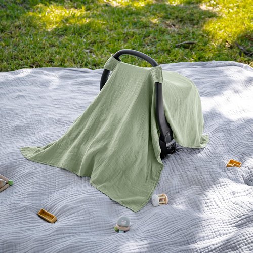Comfy Cubs Baby Car Seat Cover - Soft Bamboo Rayon & Muslin Cotton Blend - Lightweight Sage Canopy for Sun & Bug Protection