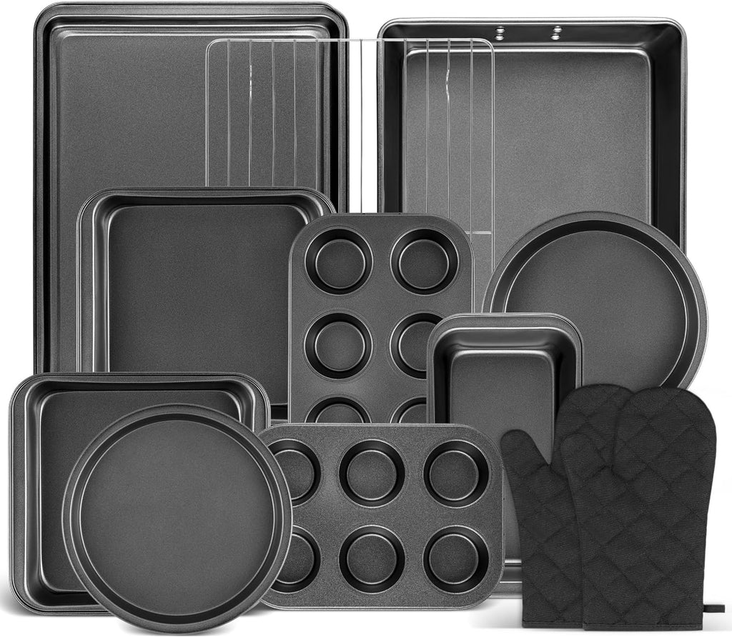 Skiennix 12PCS Nonstick Baking Pans Set - Stackable Carbon Steel Bakeware with Wider Grip & Oven Mitts