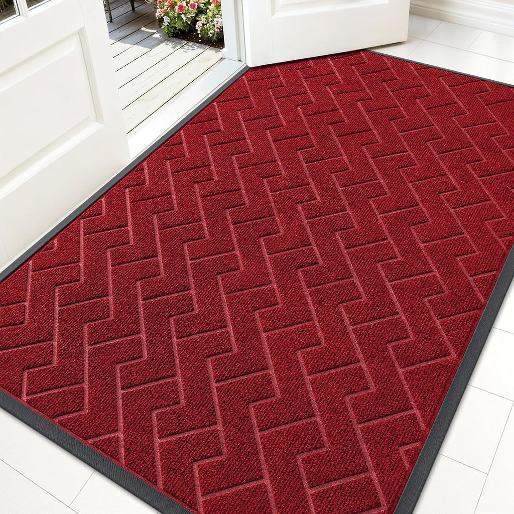 OLANLY Waterproof Front Door Mat - All-Season Herringbone Design, Easy Clean, Low Profile | Wine Red, 59x35