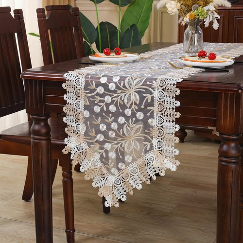 Lace Table Runner Floral Embroidery Fabric Rustic Table Runners Elegant Chic Table Transparent Cover for Home Dining Room Tabletop Decor Wedding Party Dresser (Champagne&White, 16 x 87 Inch)