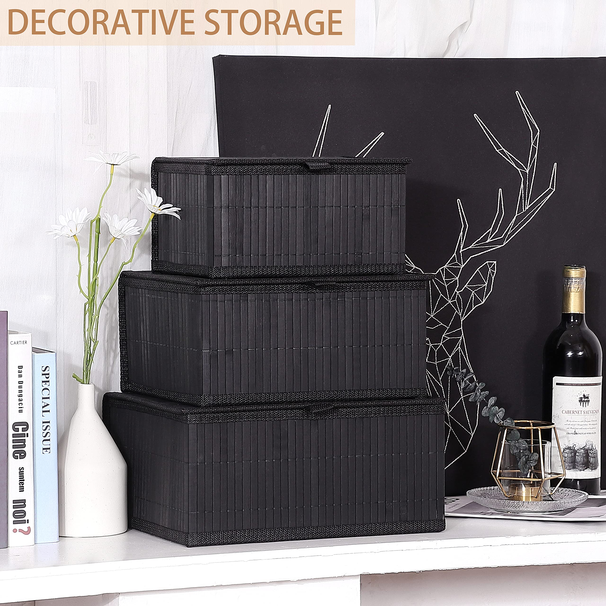 Honygebia Bamboo Decorative Storage Boxes - Set of 3 Woven Lined Storage Basket with Lids, Black Wicker Lidded Baskets for Home Kitchen Shelf Organizer Decor