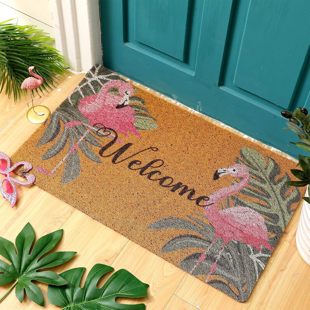 Tinideya Flamingo Welcome Door Mat - Tropical Palm Leaves Design | Washable Non-Slip Rug 17x29 Inch