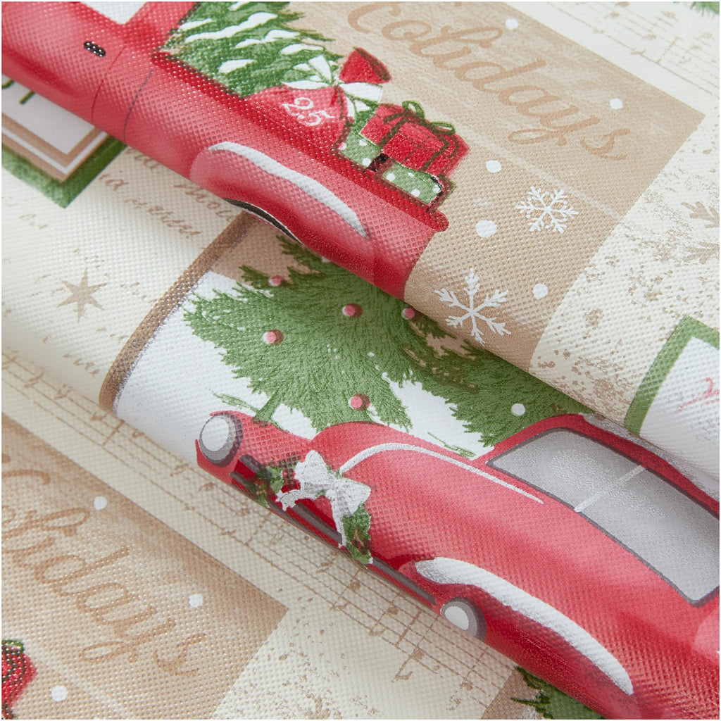 Newbridge Yuletide Christmas Tree Farm Red Barn Truck Vinyl Flannel Back Tablecloth, 60 x 102 Inch Rectangle, Nostalgic Holiday Wipe Clean Easy Care Table Cover