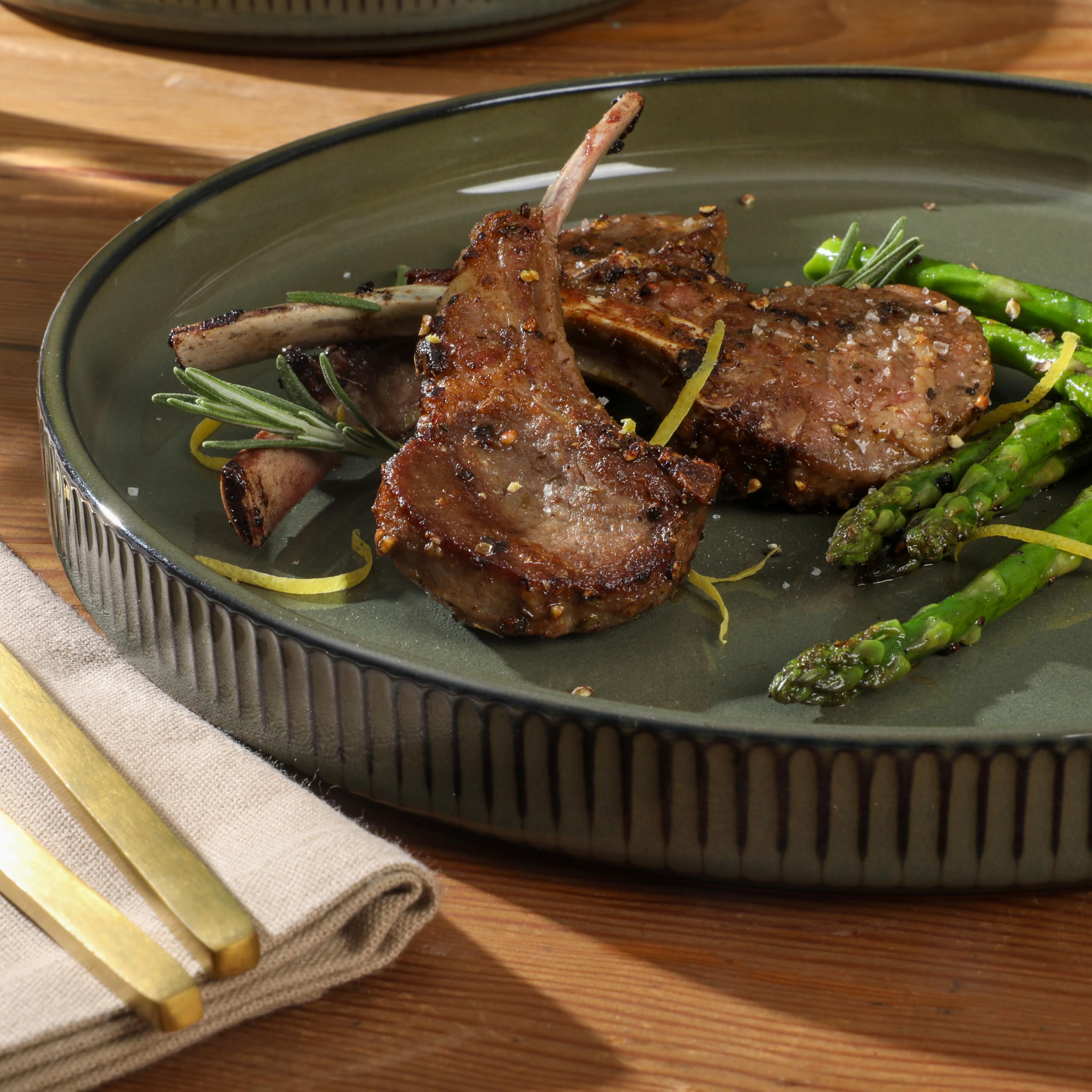 Gibson Elite 12 Piece (Service for 4) Townscape Plates and Bowls Reactive Glaze Embossed Round Dishes Terracotta Ceramic Dinnerware Set - Dark Green