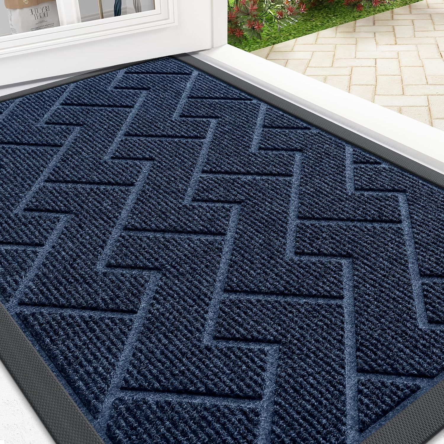 OLANLY Waterproof Front Door Mat - All-Season Indoor/Outdoor Doormat | Sturdy Natural Rubber, Herringbone Brick (Blue, 29.5x17)