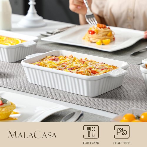 MALACASA Casserole Dishes - Porcelain Baking Set of 4 | Deep Rectangular Lasagna Pans with Handles - White