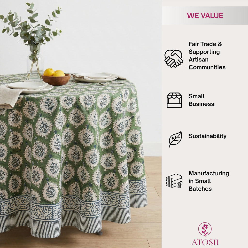 ATOSII Kari Green 100% Cotton Round Boho Spring Summer Tablecloth, Block Print Floral Table Cloth Linen for Dining, Parties, Weddings, OutdoorsI Home Table Decor 90" Inches Round