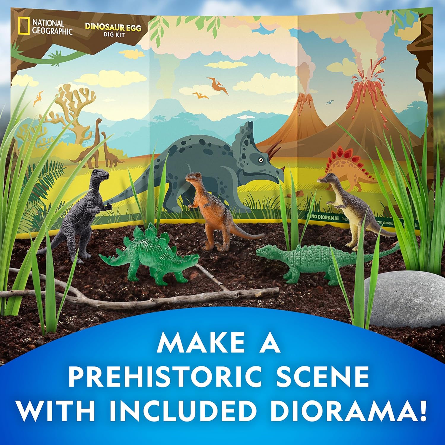 National Geographic Dinosaur Dig Kit - 12 Dino Shaped Dig Bricks with Figures & Excavation Tools | STEM Toy for Kids