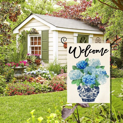 AVOIN Colorlife Garden Flag - Spring Hydrangea Floral Design, 12x18 Inch, Double-Sided, Blue & White