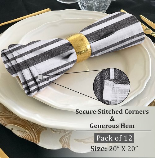 RUVANTI Cloth Napkins Set of 12 Cotton 100%, 20x20 Inches Napkins Cloth Washable, Soft, Absorbent. Cotton Napkins for Parties, Christmas, Thanksgiving, Weddings, Dinner Napkins Cloth - Grey Stripes