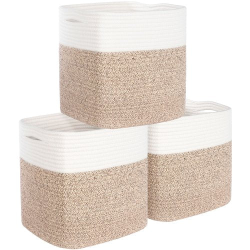 MINTWOOD Design 3-Pack 11x11in Woven Cube Storage Bin and Shelf Baskets, Cute Decorative Square Organizer for Closet, Classroom, Bathroom, Dog and Cat Toys, and Books, Light Brown