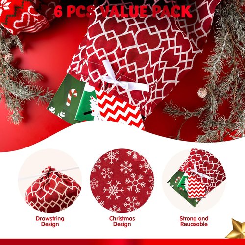 JOYIN Fabric Gift Bags - Elegant Red Design | 6-Piece Set in 3 Sizes for Holiday Present Giving