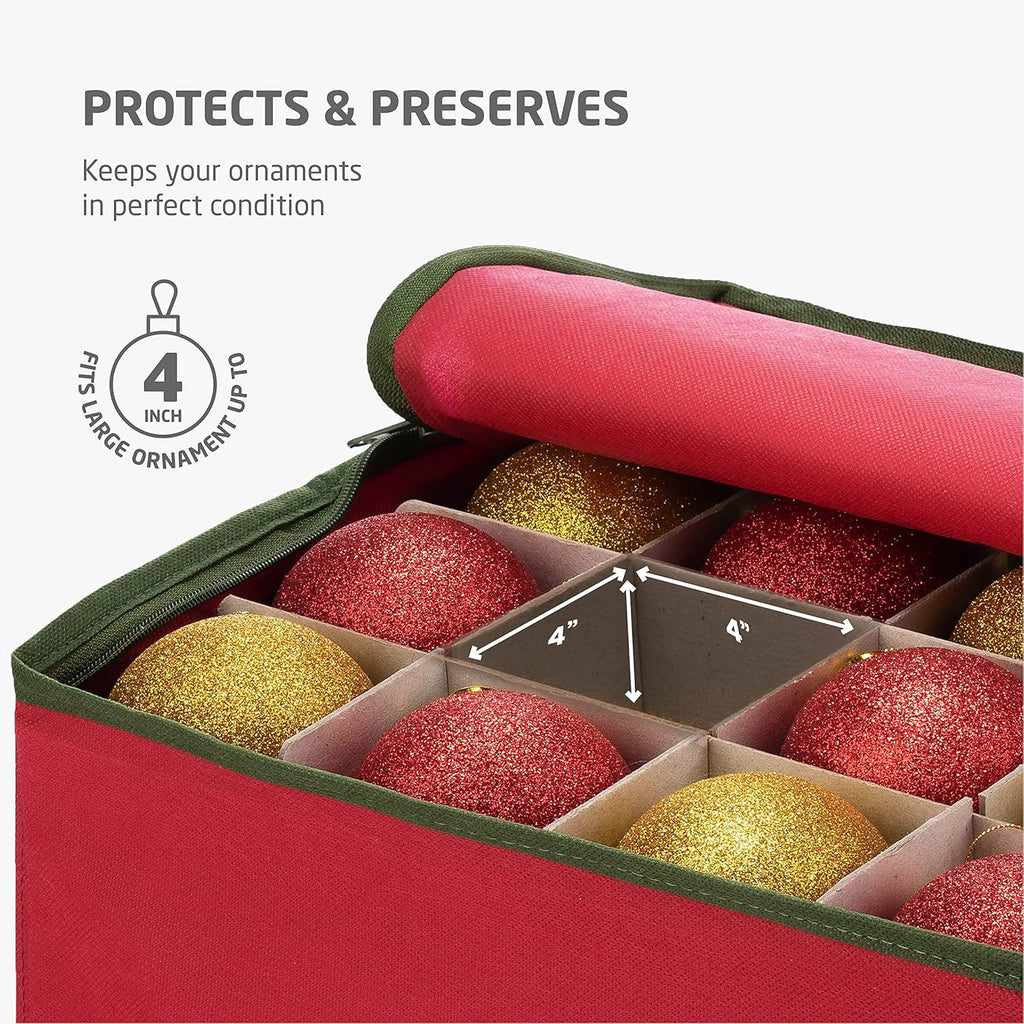 ZOBER Large Christmas Ornament Storage Box - Organizes 54 4" Ornaments with Dividers - Durable Red Container