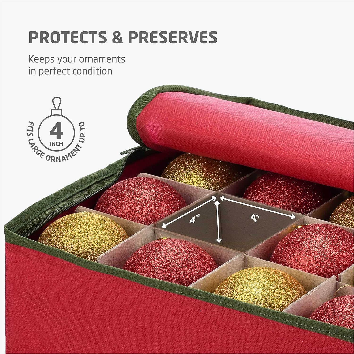 ZOBER Large Christmas Ornament Storage Box - Organizes 54 4" Ornaments with Dividers - Durable Red Container