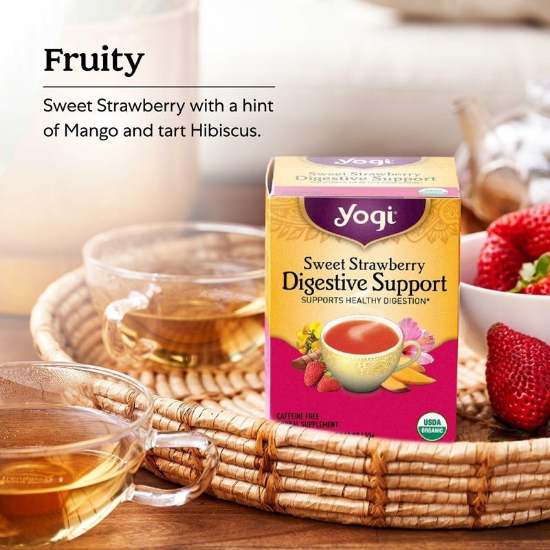 Yogi Sweet Strawberry Digestive Support Herbal Tea, Caffeine-Free, Vegan Friendly, Kosher, USDA Certified Organic, Non-GMO, 16 Tea Bags (Pack of 6)