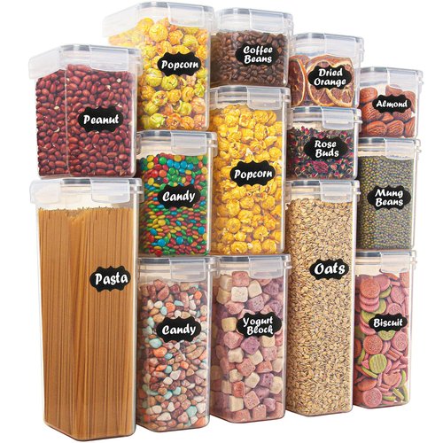 Airtight Food Storage Containers with Lids Set 14 Pack, Kitchen Pantry Organizers and Storage for Cereal Flour Sugar Pasta Snacks, Clear Plastic BPA Free Dry Food Canisters with 16 Labels & 5 Spoons