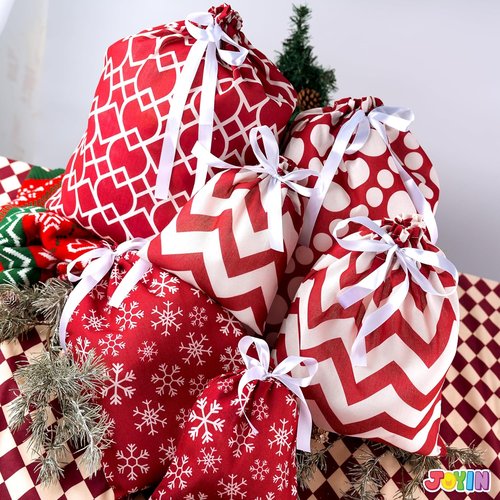 JOYIN Fabric Gift Bags - Elegant Red Design | 6-Piece Set in 3 Sizes for Holiday Present Giving