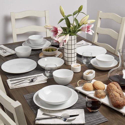 Denmark White Catering and Dining- Commercial Chef Restaurant Grade Scratch Chip Resistant Dishwasher Oven Microwave Safe Dinner Soup Cereal Plate Bowl, 12 Piece White Vitrified Dinnerware Set