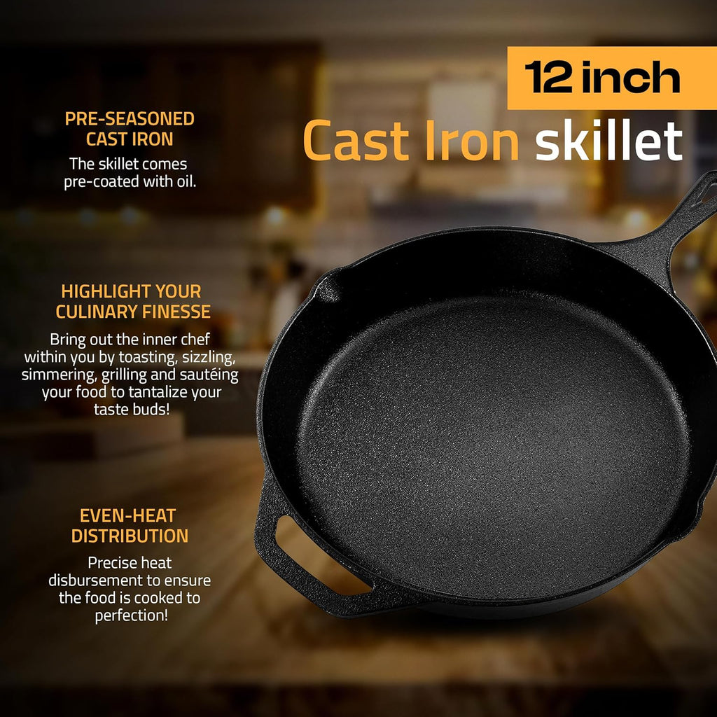 Utopia Kitchen Premium Cast Iron Skillet - 12 Inch Pre-Seasoned Frying Pan for Even Heat Distribution | Black