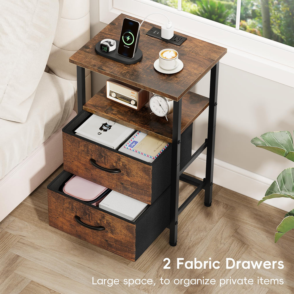 Vagusicc Night Stand Bedside Table Bedroom, LED Nightstand with Charging Station, End Table with USB Ports & Outlets, 24.2" Tall Bed Side Table with 2 Fabric Drawers and Storage Shelf, Rustic Brown