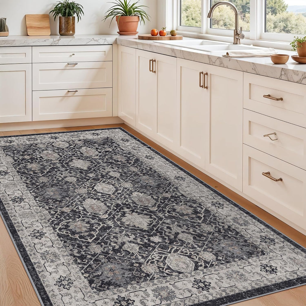 Skiennix 4x6 Living Room Area Rug - Washable Non-Slip Boho Design | Low Pile Neutral Carpet for Kids Room & Office