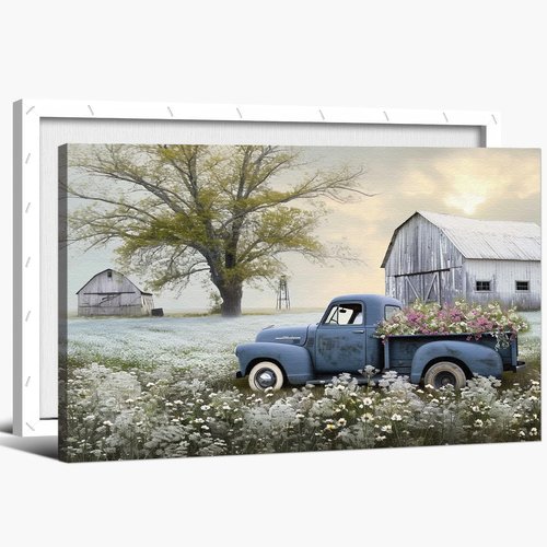 Farmhouse Old Truck Canvas Wall Art, Old Barn Pictures Wall Art, Country Antique Pickup Truck Canvas Prints, Blue Truck With White Floral Flower Art Prints for Farmhouse Spring Decor 18"Hx24"W Inches