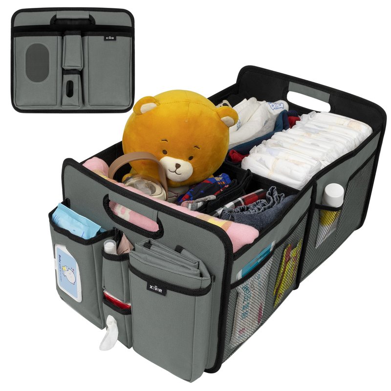 XEVAR Baby Diaper Caddy Organizer with Changing Mat - Portable Car Caddy for Newborn Essentials, Diapers & Wipes, Perfect for Baby Shower and New Mom | Oxford Fabric, Grey