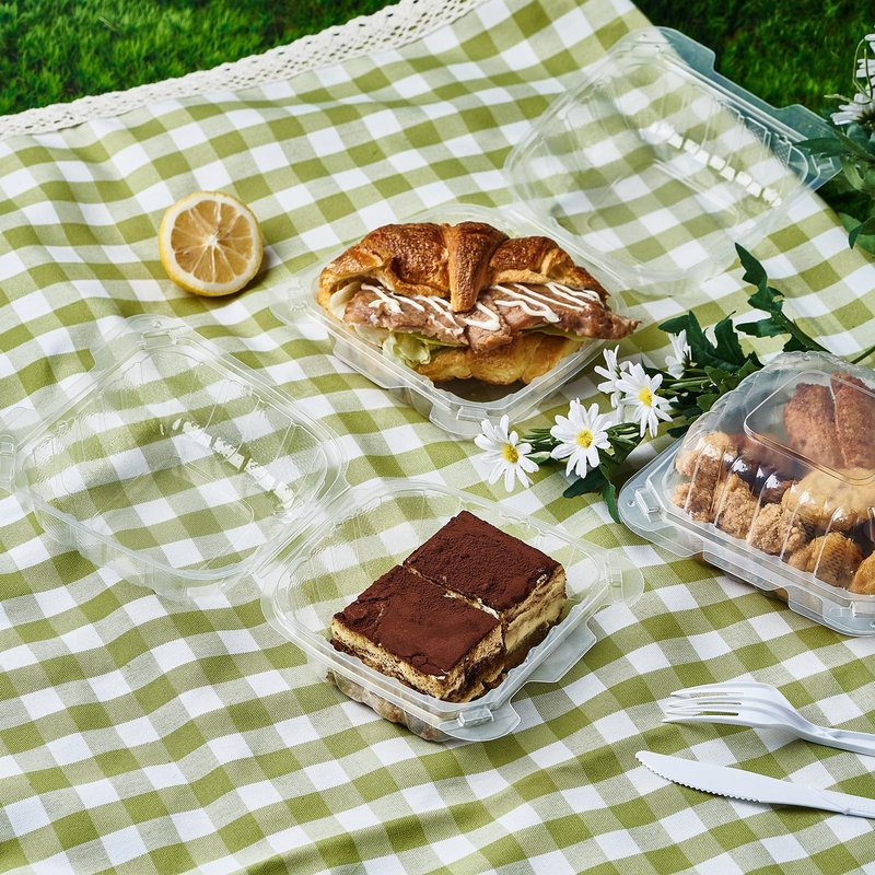 FULING 100 Count Clear Plastic Hinged Food Take Out To-Go Clamshell Containers, 6" W Disposable Takeout Tray for Dessert, Cakes, Cookies, Salads, Pasta, Sandwiches