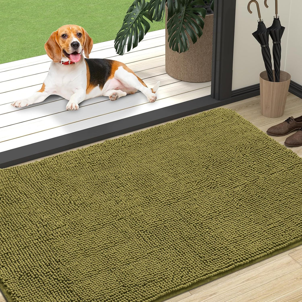 OLANLY Dog Door Mat - Absorbent Non-Slip Washable Chenille Mat for Muddy Paws | 47x32, Willow Green