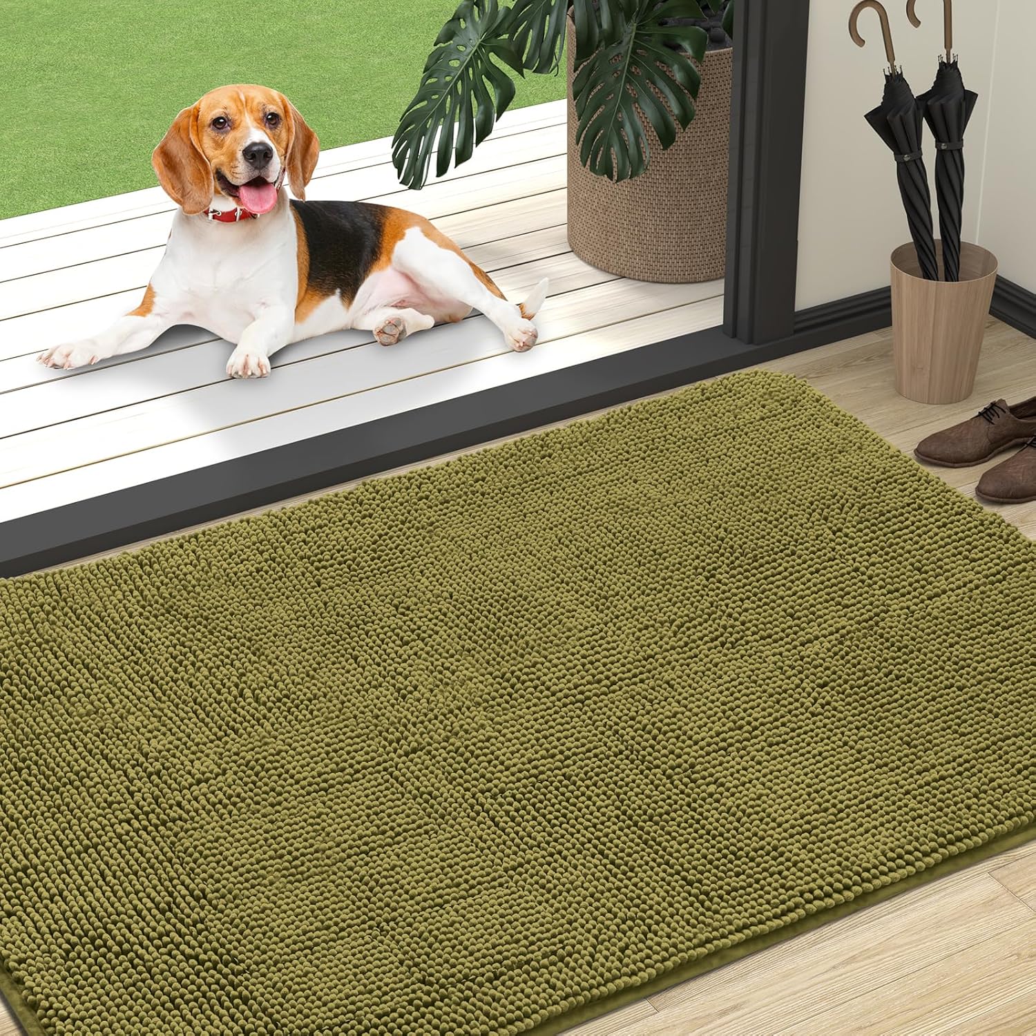 OLANLY Dog Door Mat - Absorbent Non-Slip Washable Chenille Mat for Muddy Paws | 47x32, Willow Green