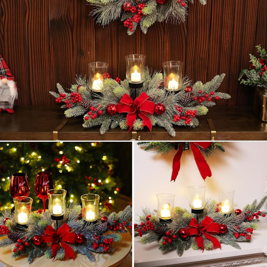 Regine Switzerland Red Christmas Table Centerpiece - Cedar Decoration with 3 Candlestick Glass Cups & Red Berries for Holiday Parties