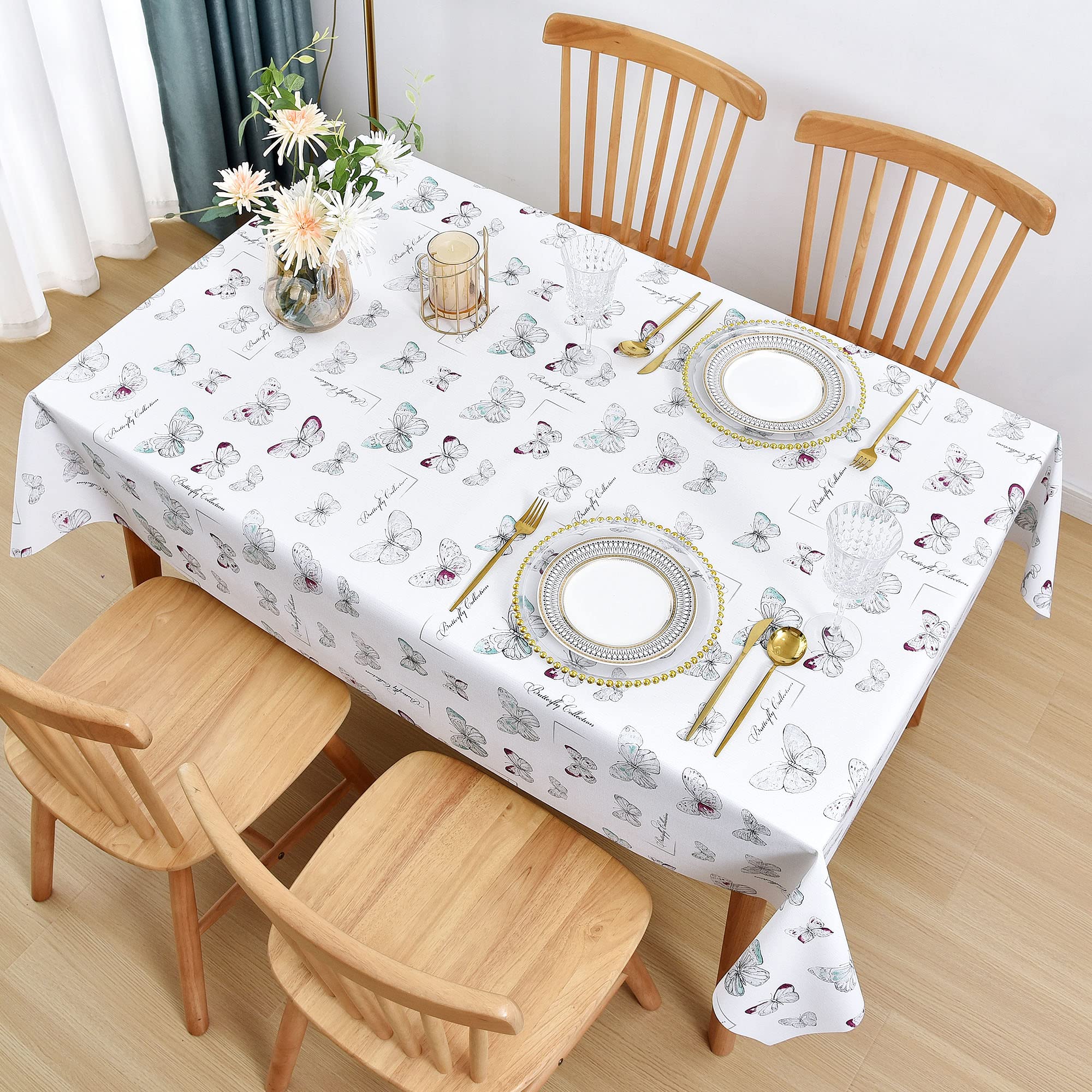 LOHASCASA Vinyl Table Cloth 9ft Plastic Tablecloth, Wipeable Oilcloth Table Covers, Waterproof PVC Rectangle/Oblong Rustic Baby Showe Camping Tablecloth for Picnic Tables, Patio, BBQ, White Butterfly