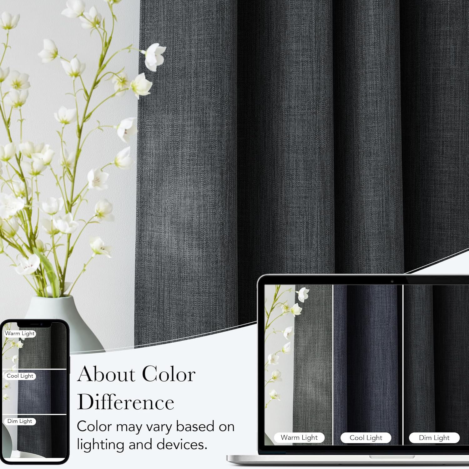 NICETOWN Blackout Curtains - Charcoal Gray Faux Linen Privacy Panels, 63 Inches Long | 2 Panels, Easy Care Grommet Top