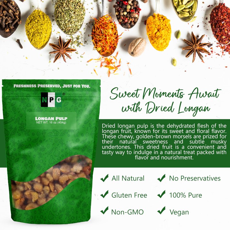 NPG Dried Longan Pulp 16 Oz, Meat Fruit, Gui Yuan, Lung Gan, No Additives, Edible, Perfect for Teas, Snacks, Desserts, Cooking, Premium Quality, Dragon Eye