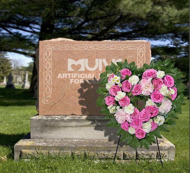 MUVIC Cemetery Flower Wreaths for Grave Decorations- Elegant Remembrance Standing Heart,Memorial Floral with Easel Stand,Pink Hibiscus Rose Carnation Daisy-27 Inch