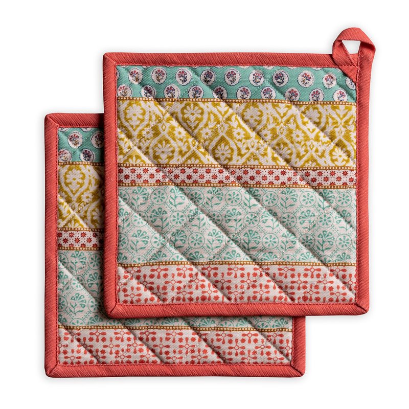 Maison d' Hermine Pot Holders 100% Cotton Heat Resistant Potholders 8" x 8" Hot Pads with Loop BBQ Cooking Baking Gifts for Mothers Day Handling Hot Pans Spring/Summer (Pack of 2, Provence)