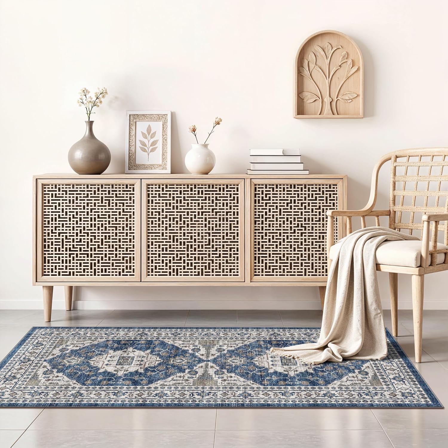 Skiennix Non-Slip Entryway Rug - Washable Stain Resistant Kitchen Doormat | Vintage Blue 2x4 Soft Carpet