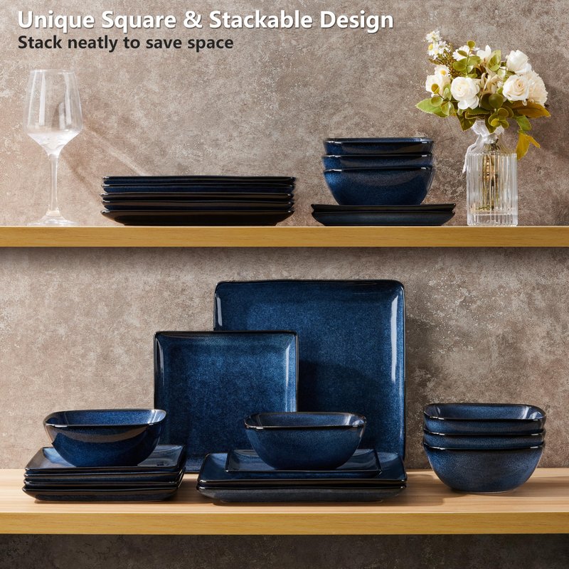 E-far Square Plates and Bowls Sets, 12-Piece Stoneware Dinnerware Sets for 4, Reactive Glaze Dish Set, Chip and Scratch Resistant, Microwave and Dishwasher Safe, Ocean Blue